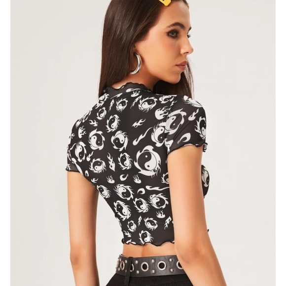 Y2K 90s Yin Yang Flames Black Mesh T Shirt Short Sleeve Super Cool XS-XL Avail - Picture 2 of 8